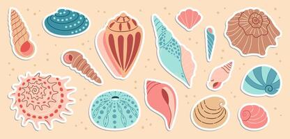 Cute sea shells sticker set. Trendy flat style seashell collection. Ocean underwater sink seashell conch aquatic mollusk. Hand drawn cartoon spiral snail, marine animals illustration vector