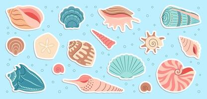 Cute sea shells sticker set. Trendy flat style seashell collection. Ocean underwater sink seashell conch aquatic mollusk. Hand drawn cartoon spiral snail, marine animals illustration vector