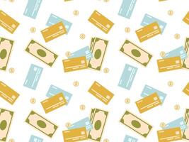 Financial pattern of banknotes, coins and credit cards. Seamless background with money vector