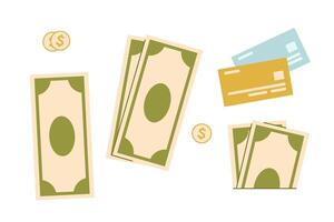 Set of banknotes, coins and credit cards.illustration of money vector