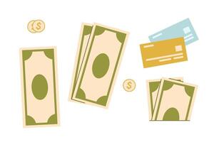 Set of banknotes, coins and credit cards.illustration of money vector