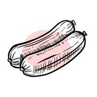 Sketch of meat products. Hand-drawn beef, lamb and pork steak extra or medium rare. Grilled sausages vector