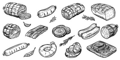 Sketch of meat products. Hand-drawn beef, lamb and pork steak extra or medium rare. Grilled sausages vector