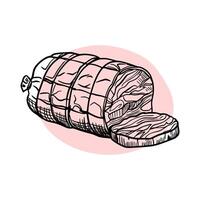 Sketch of meat products. Hand-drawn beef, lamb and pork steak extra or medium rare. Grilled sausages vector