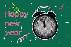 Horizontal halftone collage. Concept of holiday, cheerfulness. Halftone alarm clock, new year is coming. Happy New Year. illustration for greeting card, invitation, web banner, social media vector