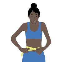 un africano americano mujer medidas su cintura con un centímetro, joven sano cuerpo, Delgado cintura, medición parámetros, aislar en blanco, plano estilo, minimalismo, peso pérdida vector