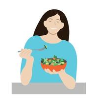 contento niña comiendo ensalada, dieta, sano alimento, aislar en blanco, plano estilo, minimalismo, peso pérdida vector