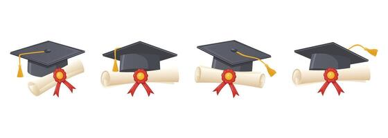 Collection of academic graduation caps and diploma scrolls in different positions on a white background. Traditional graduation ceremony symbols diploma with ribbon and academic hat. vector