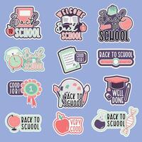 Back to School Stickers With Lettering Quotes. School graphic stickers. Abstract science college and elementary school badges with kids and science elements. doodle emblems set vector