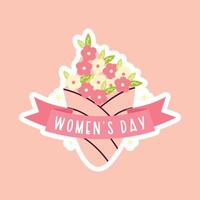 De las mujeres día saludo pegatina con flor ramo. 8 marzo De las mujeres día celebracion tarjetas vector