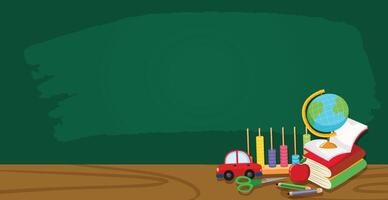 background with school supplies and chalkboard vector