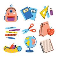 school supplies and school supplies icons set vector