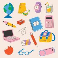 school supplies and school supplies icons set vector