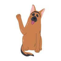 Cute sheepdog training high five command. German shepherd learning greeting gesture with paw. Domestic animal. Pet concept design. Puppy sitting with paw up. Doggie hand drawn flat illustration vector