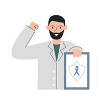 Man urologist holding baby result of cancer study. Male young doctor showing be strong. Medical worker character portrait isolated on white. Therapist venereologist hand drawn flat illustration vector