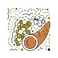 Empty cornucopia with grape vine fruit isolated. Thanksgiving day. Icon concept design with abstract textured background. American holiday drawing. Traditional food hand drawn flat illustration vector