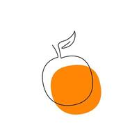 Orange logo concept design isolated on white. Exotic fruit in one line art style with orange spot. Whole fresh raw local farmer product. Citrus vitamin C. Food hand drawn flat illustration vector