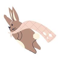 Baby rabbit having fun with duvet cover. Bunny flying as superhero with paw up. Fluffy cute character design. Personage print concept isolated. Nursery hare animal hand drawn flat illustration vector