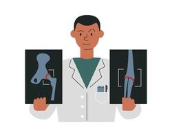 African american rheumatologis holding two examination results. Male doctor studying patient X-ray photo. Medical man character portrait design. Medic personage hand drawn flat illustration vector