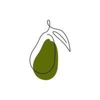 Avocado logo design in one line style with green spot. Raw fat local farmer product. Vitamin food. Alligator pear in continuous outline art drawing. Fruit hand drawn flat illustration isolated vector