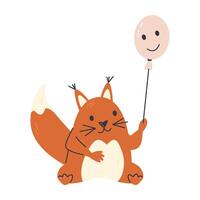 Red squirrel baby animal holding with balloon. Fluffy rodent cartoon character sitting. Nordic childish graphic print design. Nursery creature hand drawn flat illustration isolated on white vector