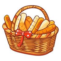 A icon depicting a cartoon wicker basket filled with bread, ideal for illustrating food, bakery themes vector