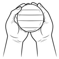 outline icon of a hand holding a ball, ideal for sports and recreation designs. vector