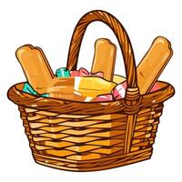 un icono representando un dibujos animados mimbre cesta lleno con pan, ideal para ilustrando alimento, panadería temas vector