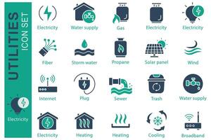 Utilities icon set. Electricity, Water supply, Propane, and more. solid icon style. utilities element illustration vector