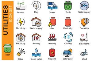 Utilities icon set. Electricity, Water supply, Propane, and more. colored outline icon style. utilities element illustration vector