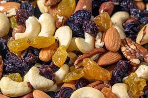 background with a cashew, hazelnuts, raisins and peanuts. Mixed nuts and raisins texture.5 photo