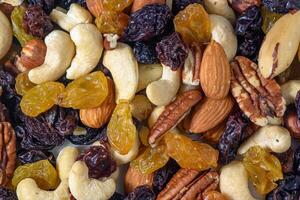 background with a cashew, hazelnuts, raisins and peanuts. Mixed nuts and raisins texture.7 photo