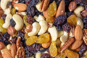 background with a cashew, hazelnuts, raisins and peanuts. Mixed nuts and raisins texture.11 photo