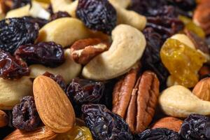 background with a cashew, hazelnuts, raisins and peanuts. Mixed nuts and raisins texture.2 photo
