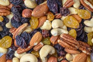 background with a cashew, hazelnuts, raisins and peanuts. Mixed nuts and raisins texture.12 photo