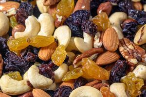 background with a cashew, hazelnuts, raisins and peanuts. Mixed nuts and raisins texture.6 photo