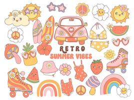 Retro Groovy Summer Vibes collection Cartoon Cute Character Disco 70s 80s Style vector