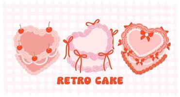 set of Retro Cake heart shaped Groovy Coquette Design with Ribbon bow banner vector