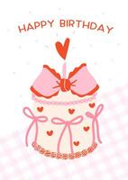 Retro Birthday Cake Illustration Groovy Coquette Design with Pink Bows, Happy birthday card idea. vector