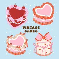 Retro coquette cake with vibrant pastel colors 70s 80s Inspired Flat Design with Bows and Ribbons. vector