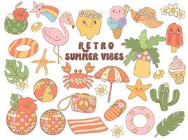 Retro Groovy Summer Vibes collection Cartoon Cute Character Disco 70s 80s Style vector