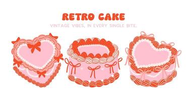 set of Retro Cake Groovy Coquette Design with Ribbon bow banner vector