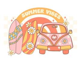 retro maravilloso verano vibraciones tabla de surf y coche linda dibujos animados vector