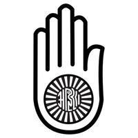 Ahimsa hand with a wheel on the palm in Jainism non-violence vector