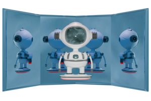 3D robot flying on jet board reflection white png