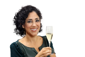 female sommelier with her glass of prosecco on neutral background png
