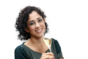 sommelier girl with her glass of prosecco on neutral background png