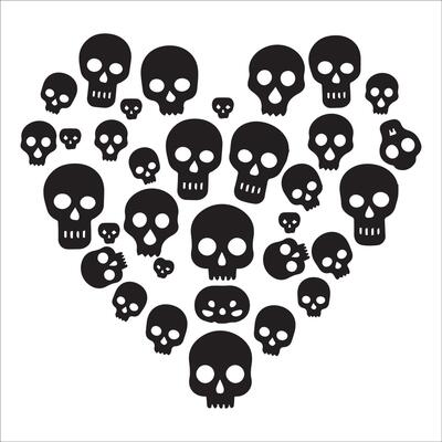 skull pattern heart illustration in black and white