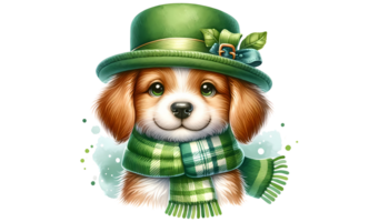Adorable puppy in green St. Patrick's Day hat and scarf, with cute smile and sparkling eyes. Perfect for festive celebrations and holiday themes. png
