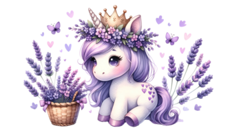 carino viola unicorno con fiore corona e d'oro corona circondato di lavanda fiori e cuori, illustrazione per bambini. png